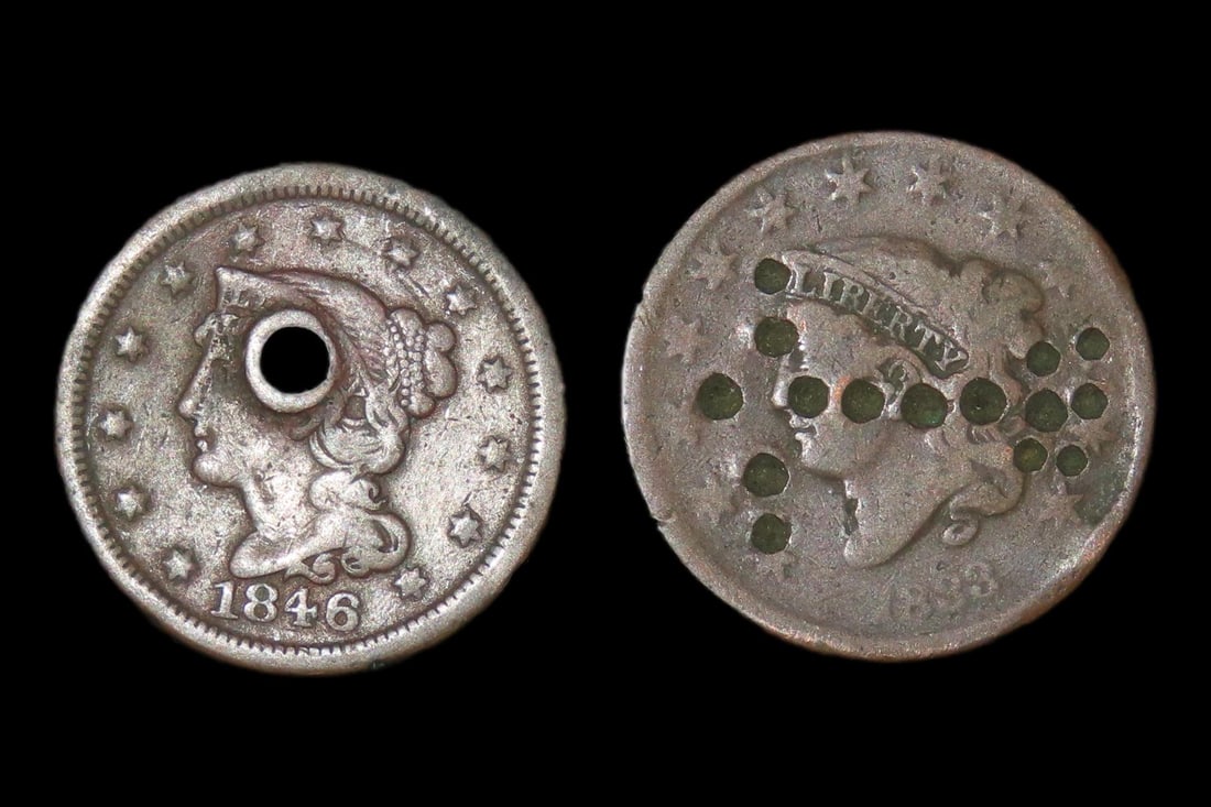 Pair of U.S. Large Cents, 1846 & 1833. Two different styles of early coinage, both with some damage. (1 of 3)