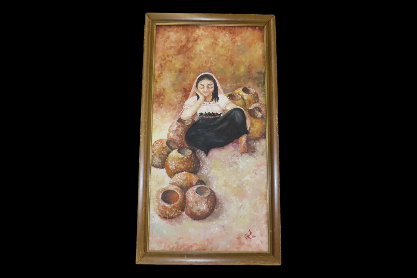 Vintage 1966 Raus Oil Painting by Emil Rau of Southwest Navajo / Hopi Indian Woman with Pots /: Vintage 1966 Raus Oil Painting by Emil Rau of Southwest Navajo / Hopi Indian Woman with Pots / Ollas. Nicely Framed. 32 1/2" by 17 1/2".