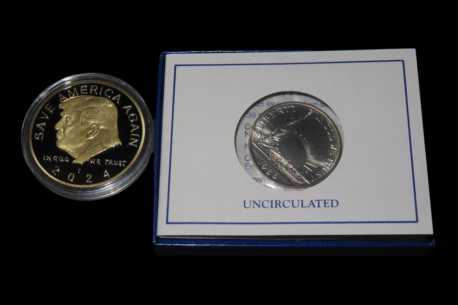President Trump Coin & 1986 Ellis Island Half Dollar, Trump Coin is a Silver Dollar Sized Coin.: President Trump Coin & 1986 Ellis Island Half Dollar, Trump Coin is a Silver Dollar Sized Coin.