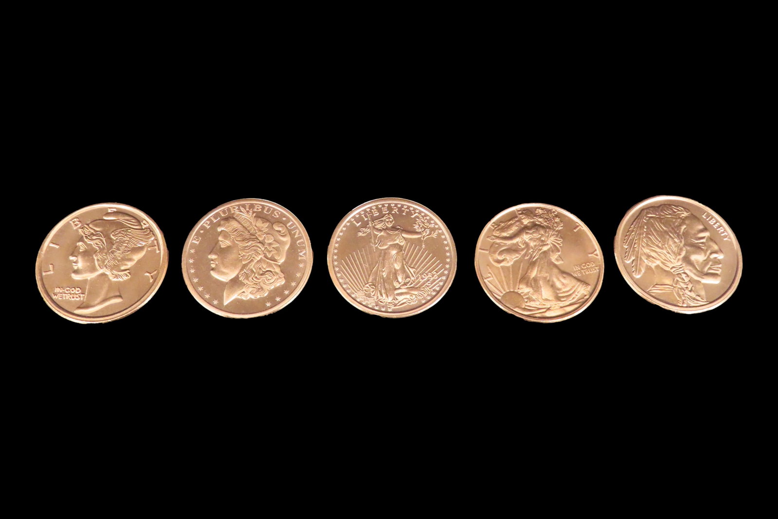 Lot of 6 One Ounce Copper Coins. All Different. Morgan Dollar, Peace Dollar, Mercury Dime, Buffalo: Lot of 6 One Ounce Copper Coins. All Different. Morgan Dollar, Peace Dollar, Mercury Dime, Buffalo Nickel, St Gaudens $20 Gold, Standing Liberty Quarter, Walking Liberty Half Dollar, Seated Liberty Si