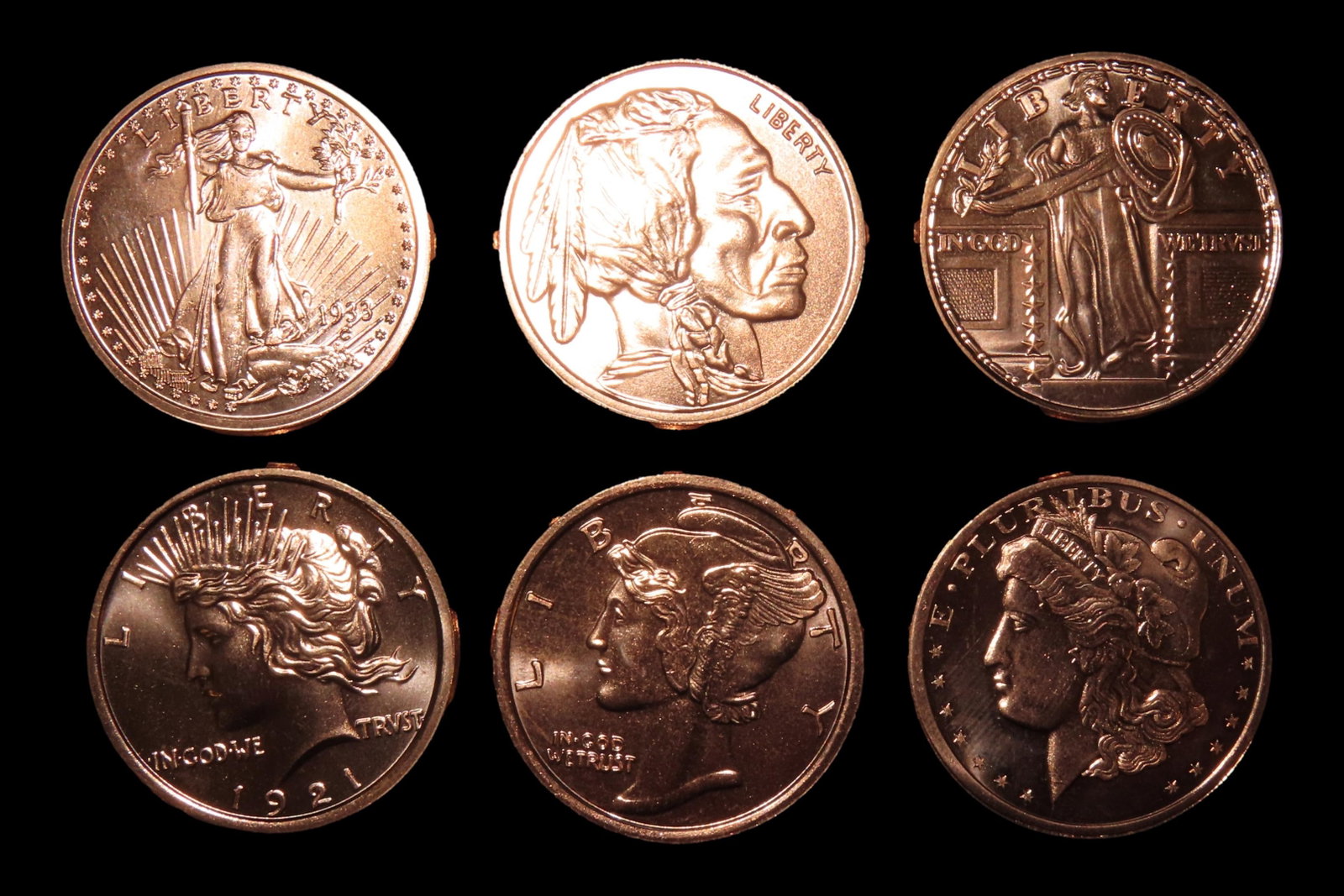 Lot of 5 One Ounce Copper Coins. All Different. Morgan Dollar, Peace Dollar, Mercury Dime, Buffalo: Lot of 5 One Ounce Copper Coins. All Different. Morgan Dollar, Peace Dollar, Mercury Dime, Buffalo Nickel, St Gaudens $20 Gold, Standing Liberty Quarter, Walking Liberty Half Dollar, Seated Liberty Si