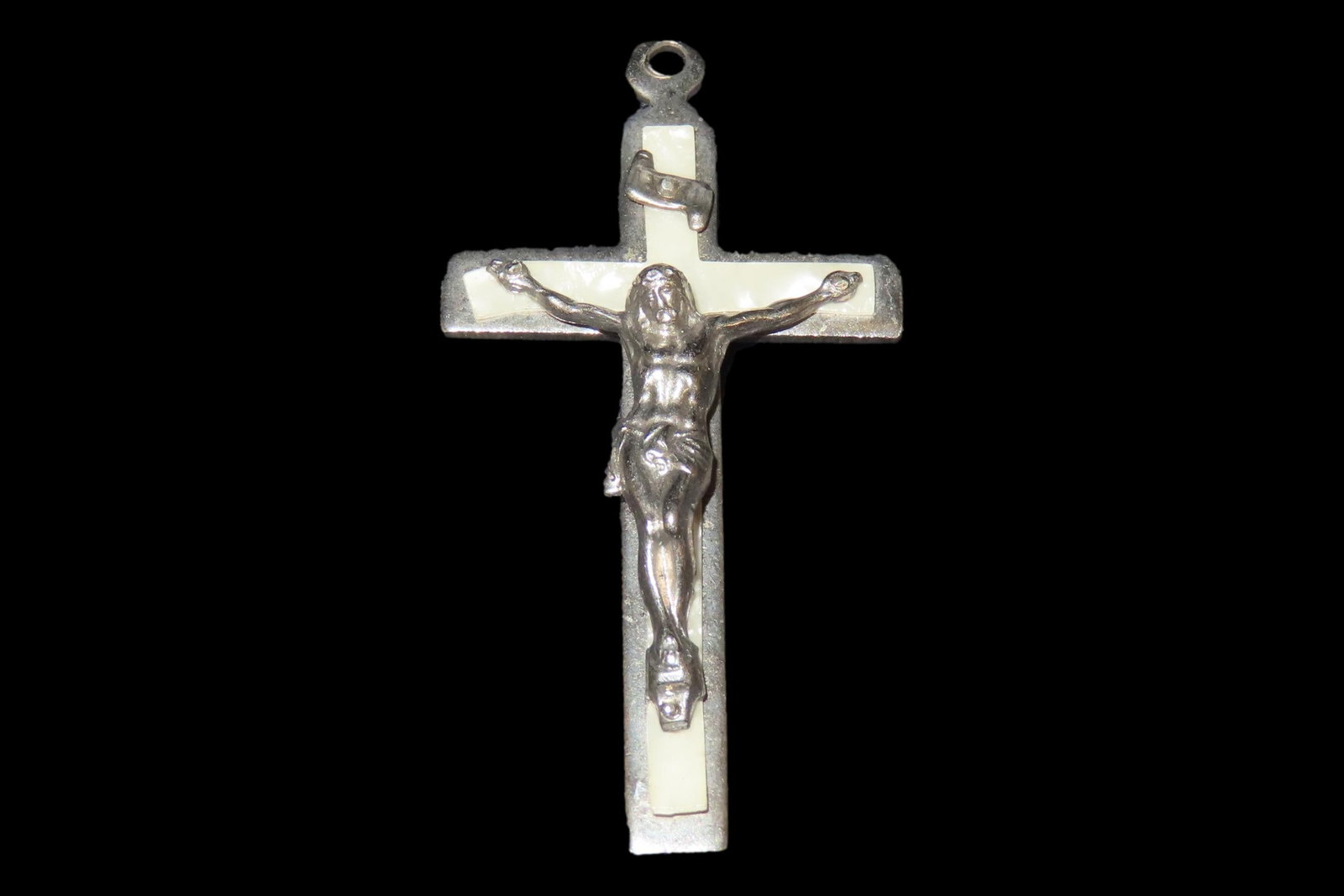 2 1/8" German Nun Pectoral Cross, 1880s-1920s, Silvertone Crucifix with Mother of Pearl Inlay: 2 1/8" German Nun Pectoral Cross, 1880s-1920s, Silvertone Crucifix with Mother of Pearl Inlay