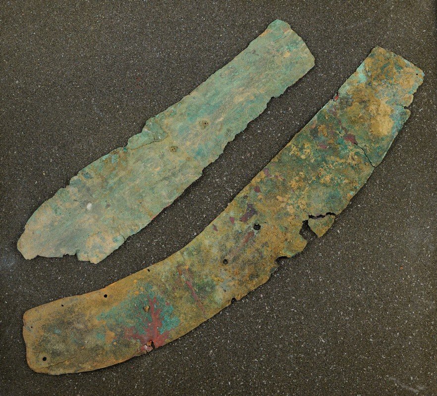 Wonderful Pair of Copper Gorgets: Wonderful Pair of Copper Gorgets from the Campbell Site, Ex. Roy Hatchcock, 11 1/8" and 8 1/4"