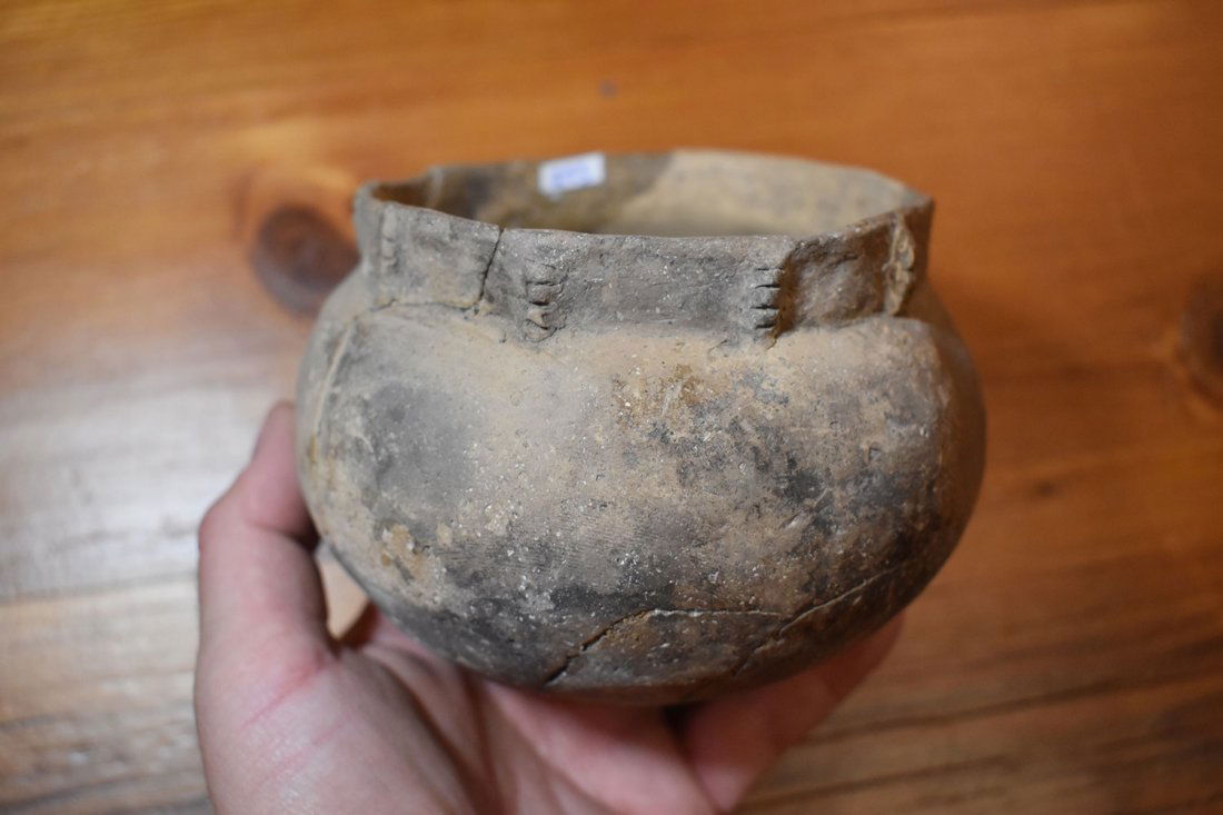 SMALL POTTERY JAR, 5" DIA 3 3/4" TALL, BROKEN AND (1 of 6)