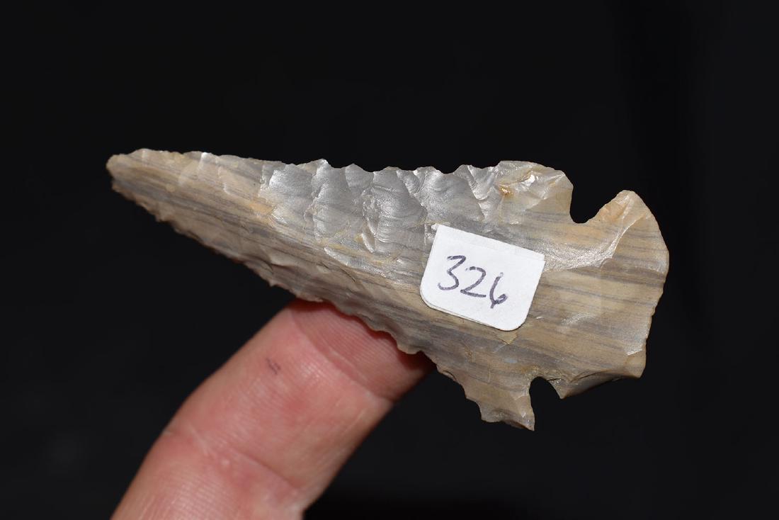 Colorful Striped Dovetail from Indiana: Beautiful Striped Hornstone Dovetail. Found in Gibson County, Indiana. Measures 2 3/4"