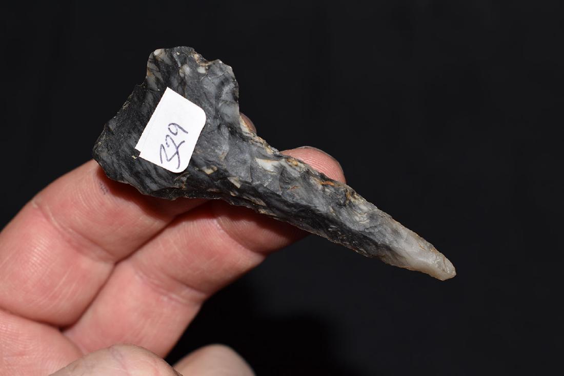 Two-Tone Novaculite Drill from Arkansas: Fine Black & White Translucent Novaculite Archaic Drill From Greene County, Arkansas. Measures 2 7/8"