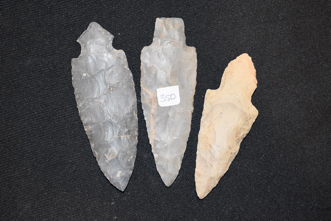 Nice Lot of Indiana Arrowheads with restoration: 2 Turkeytails and 1 Adena with Some Restoration. Found in Gibson County, Indiana. Longest Measures 3 3/4"