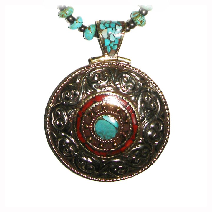 Turquoise and Coral Tibetan Repousse Medallion Necklace (1 of 3)