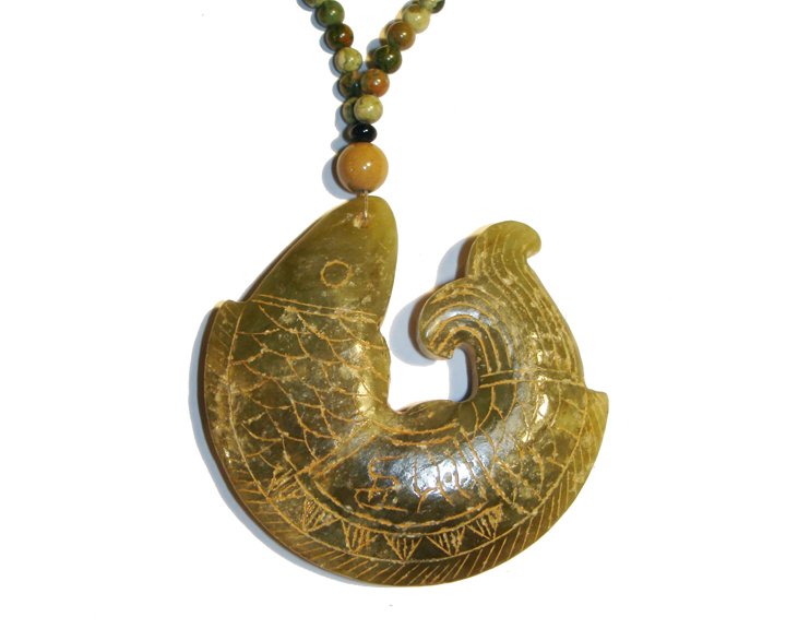 Antique Jade Incised Fish Pendant Necklace (1 of 2)