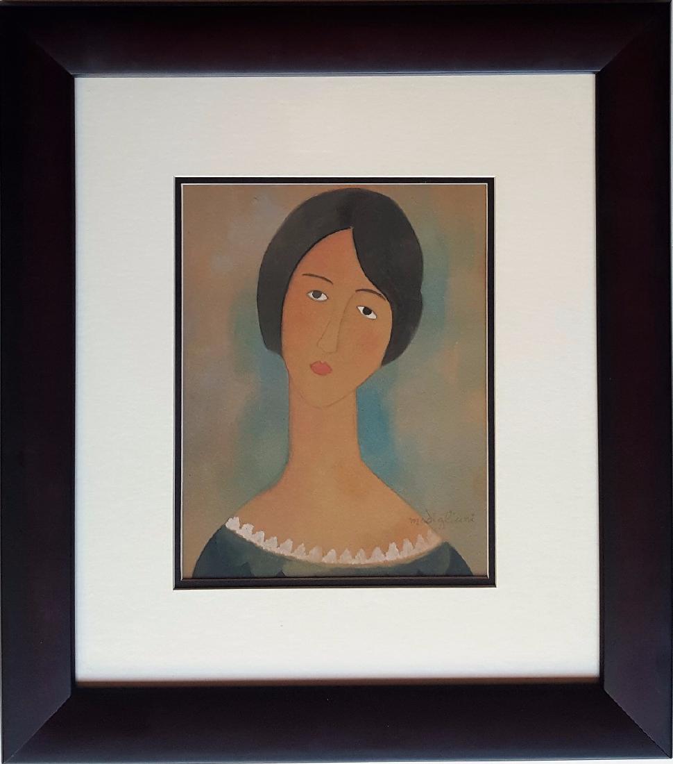 Old Gouache on paper signed painting: In the manner of Amedeo Modigliani gouache on paper signed on bottom right painting, 10 1/2 x 8 1/4 in. Excellent condition. Framed. Private collection. An Italian modern artist, Amedeo Modigliani was