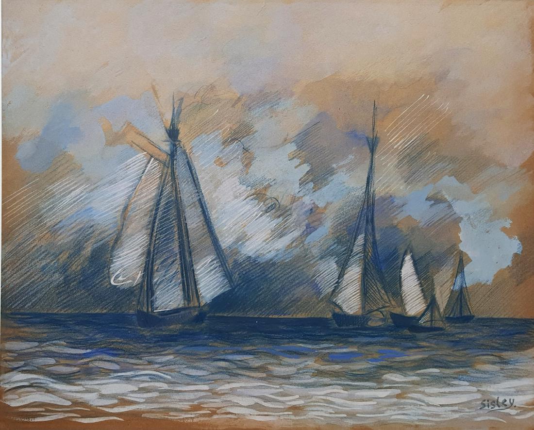 (Att.) Alfred Sisley mixed media on paper signed (1 of 2)