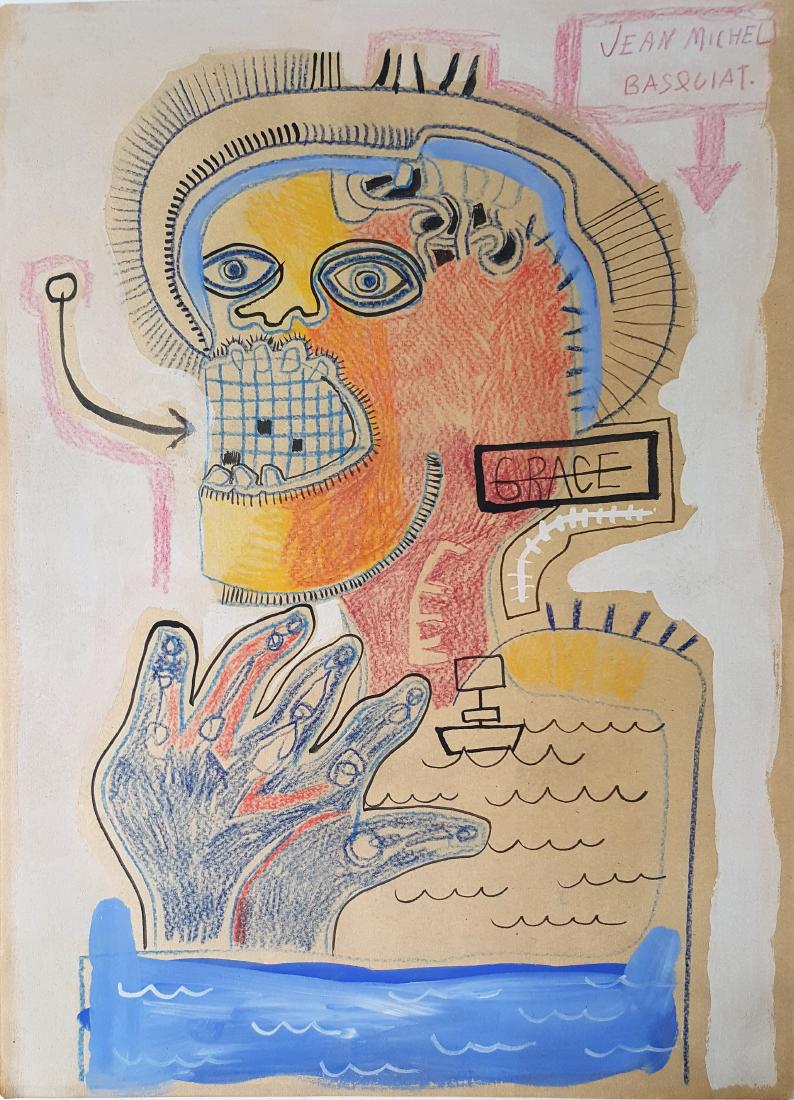 JEAN MICHEL BASQUIATÂ  mixed media on paper signed (1 of 2)