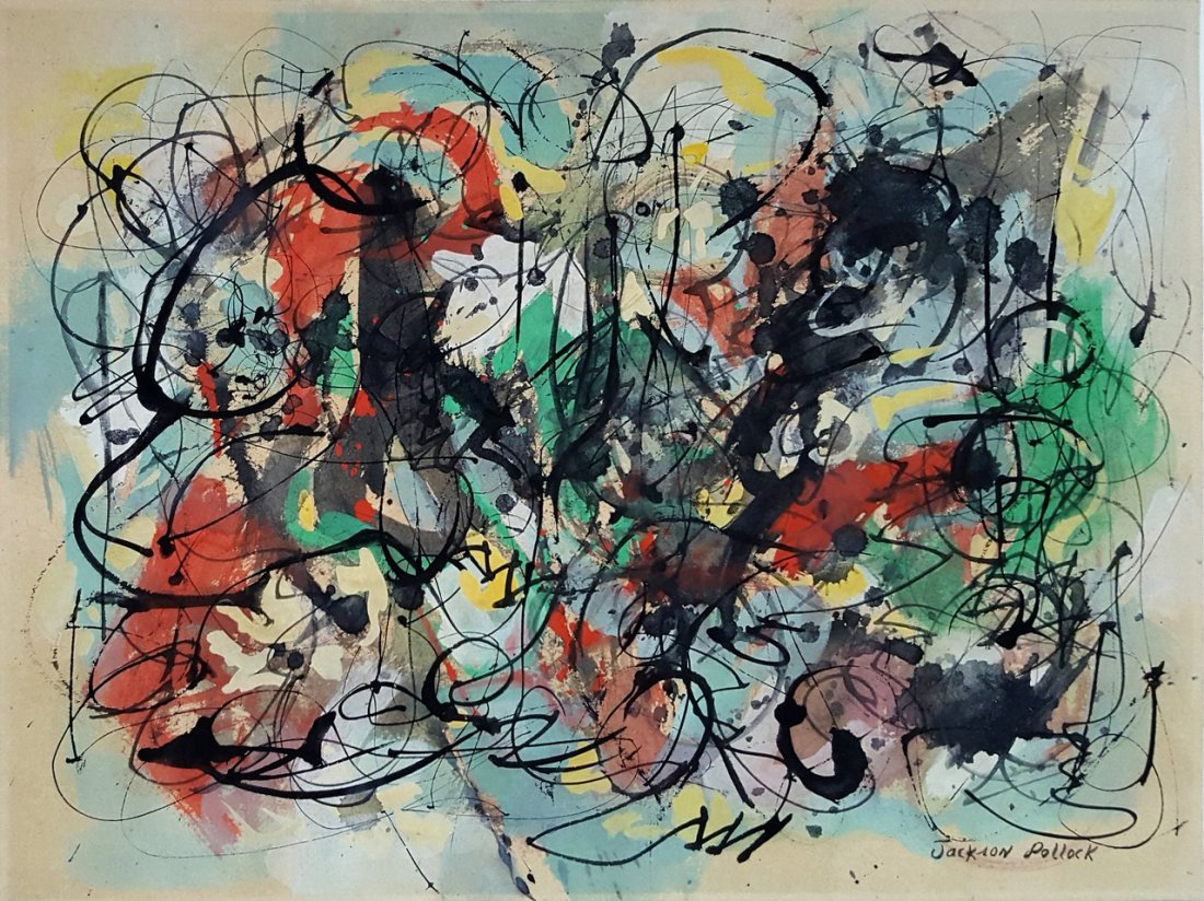 Jackson POLLOCK (1912-1956).: Gouache on paper, 10.7/8 x 14.1/2 in. Signed on bottom right. Excellent condition. Framed. Private collection.