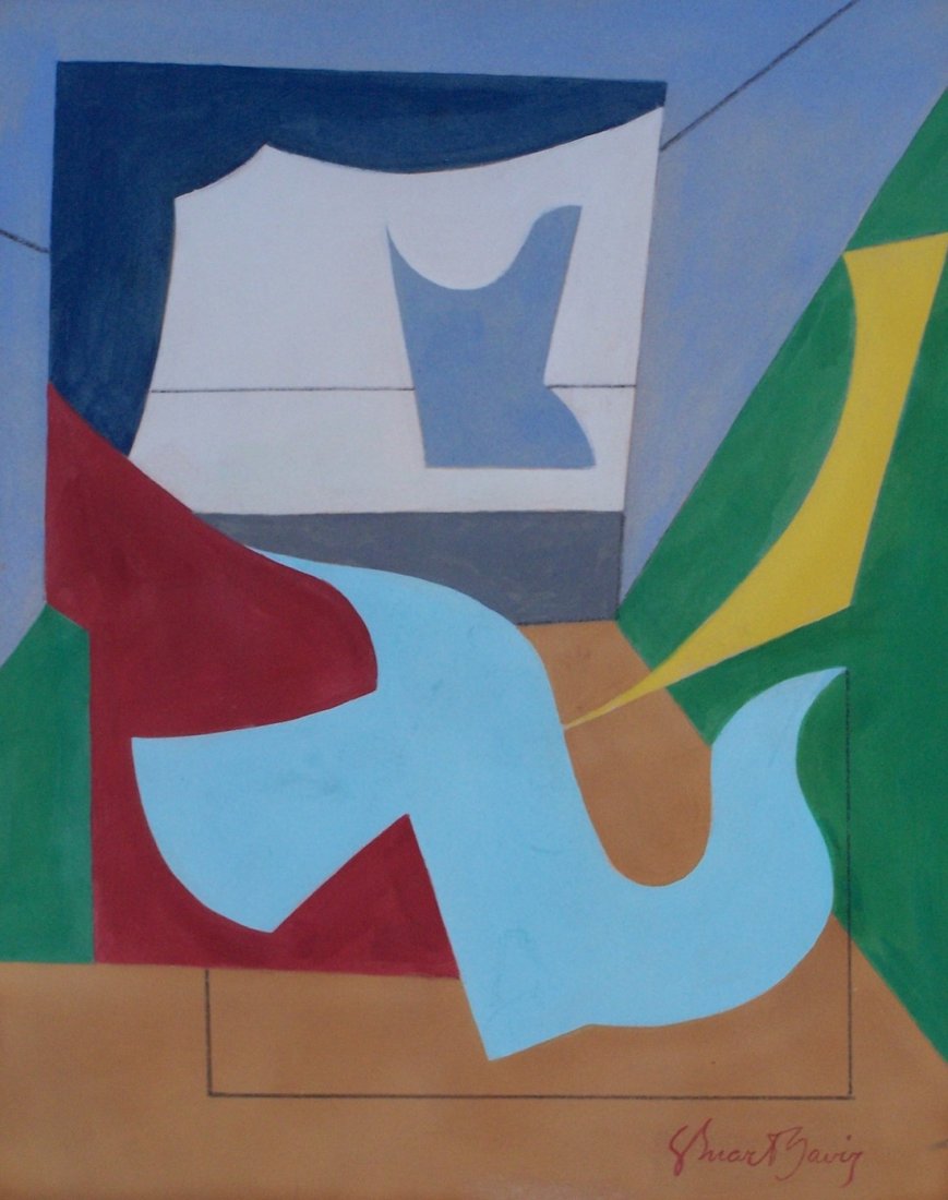 Stuart Davis gouache and creyon on paper signed: Style of Stuart Davis gouache and creyon on paper signed painting, 14 x 14.75 in. Excellent condition. Framed. Private collection.