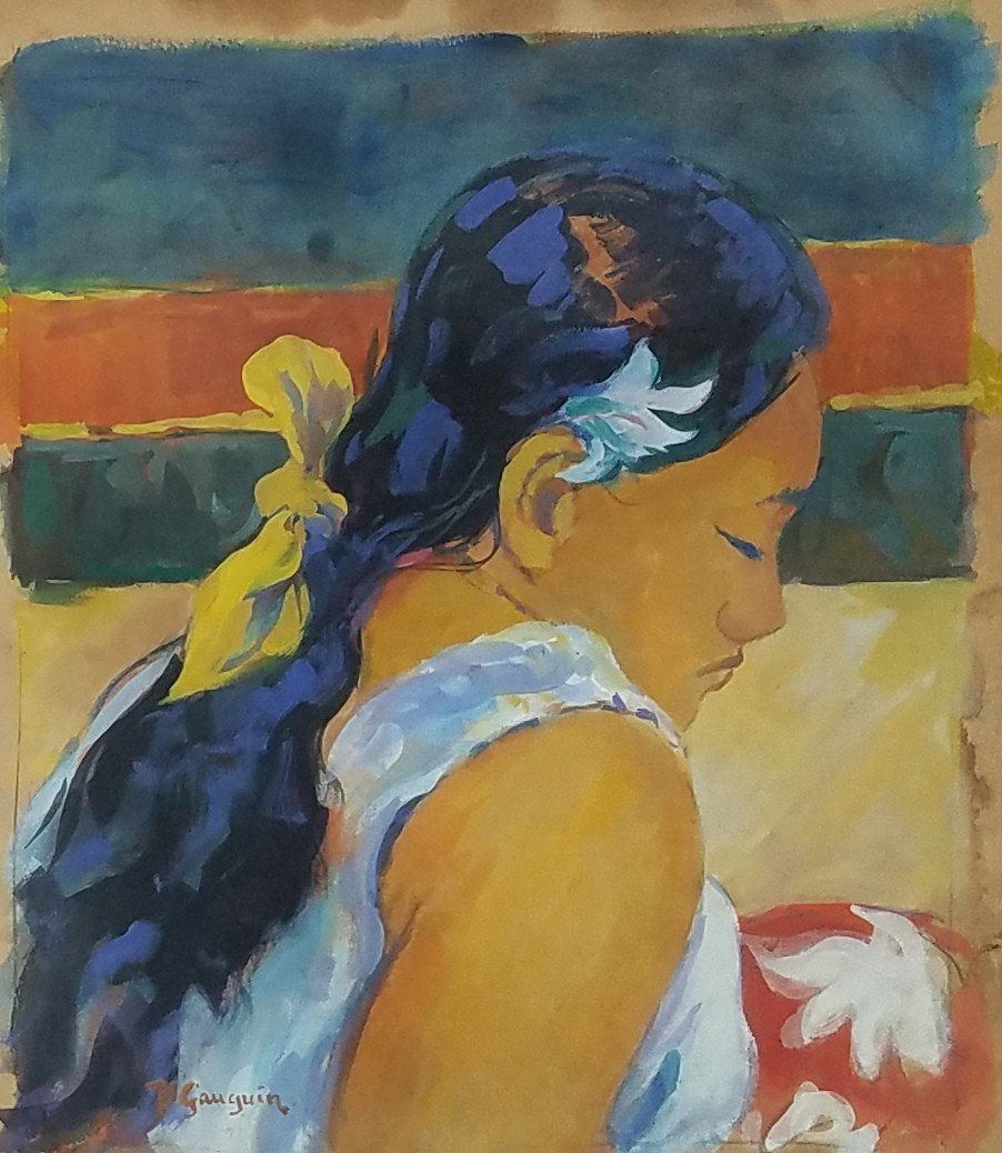 Paul Gauguin watercolor on paper signed painting: Style of Paul Gauguin watercolor on paper signed painting, 12.75 x 11.25 in . Excellent condition. Framed. Private collection.