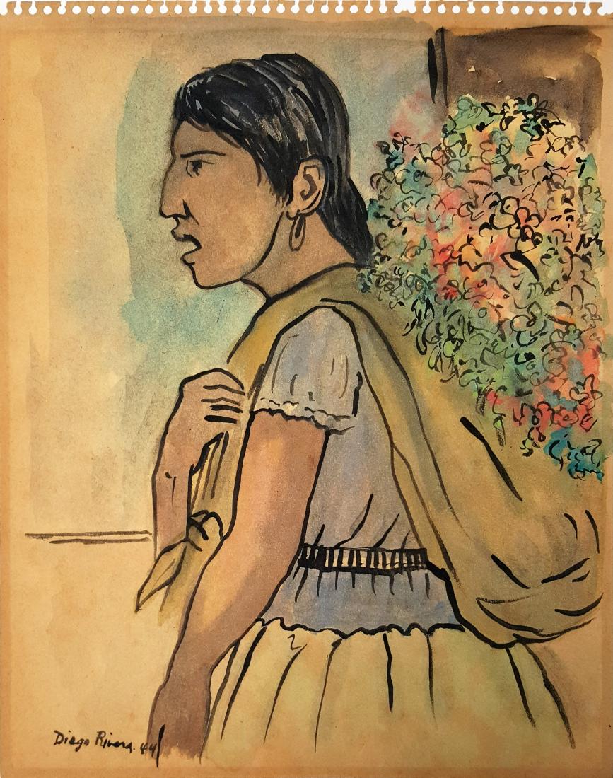 Diego Rivera mixed media on paper signed painting (1 of 3)