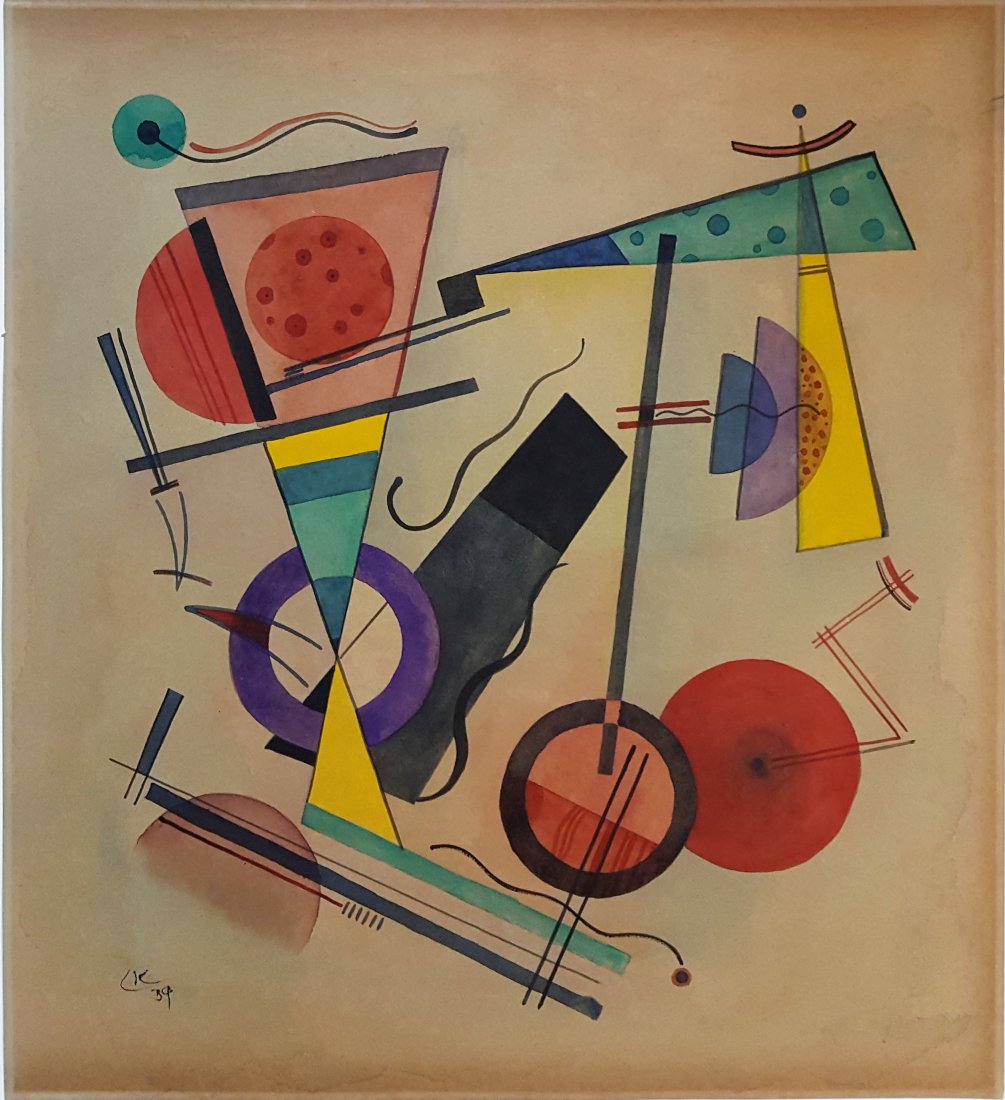Wassily KANDINSKY watercolor on paper signed painting: Wassily KANDINSKY watercolor on paper signed painting, 18 x 16 1/4 in. Signed on bottom left. Dated 1939. Excellent condition. Framed. Private collection.