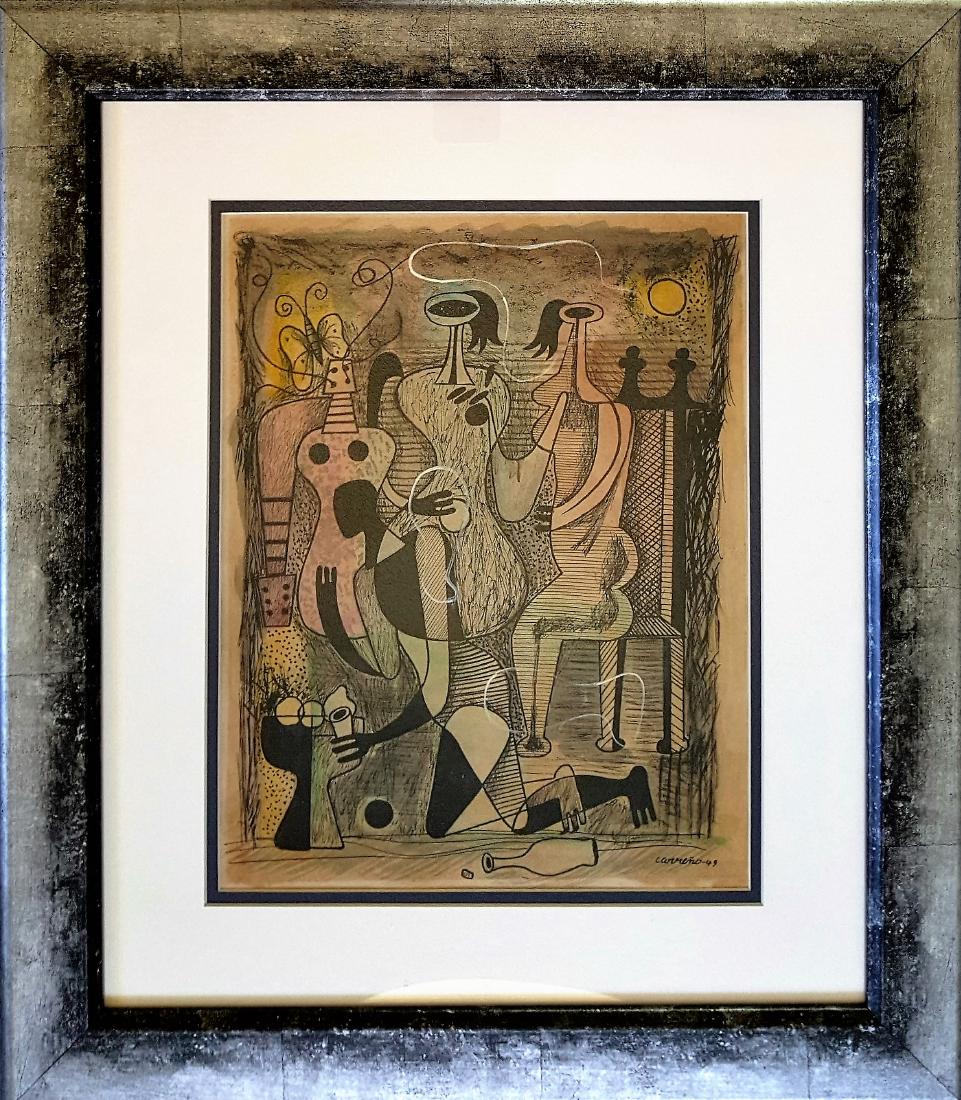 Mario CARREÃ‘O mixed media on paper: Mario CARREÃ‘O mixed media on paper signed painting, 14 x 11 in. Dated 1949. Excellent condition. Framed. Private collection.