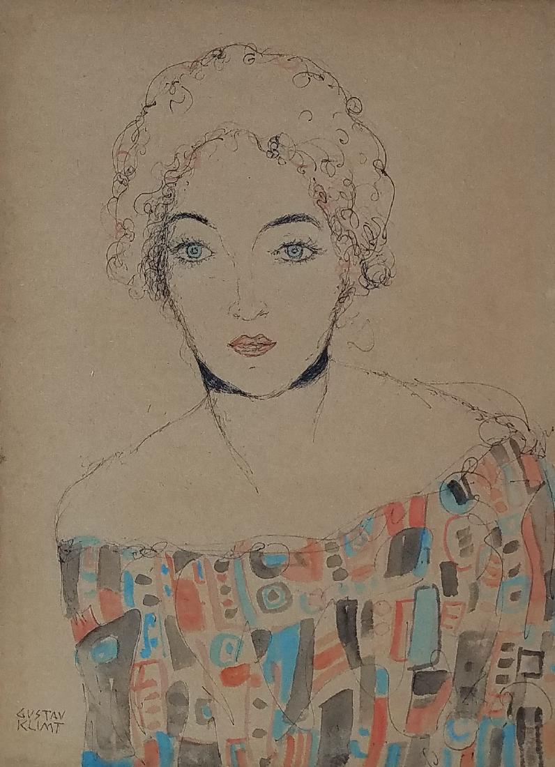 Gustav Klim watercolor and ink on Paper: Style of Gustav Klim watercolor and ink on paper, 11 x 8 in. Signed painting, good condition. Framed. Private collection.
