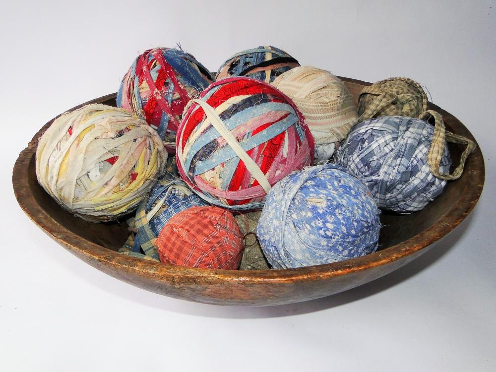 19TH C WOODEN BOWL W/ RAG BALLS (1 of 5)