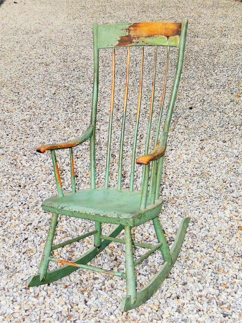 EARLY PAINTED WINDSOR ROCKER: EARLY PAINTED WINDSOR ROCKER, 44 X 17 SEAT