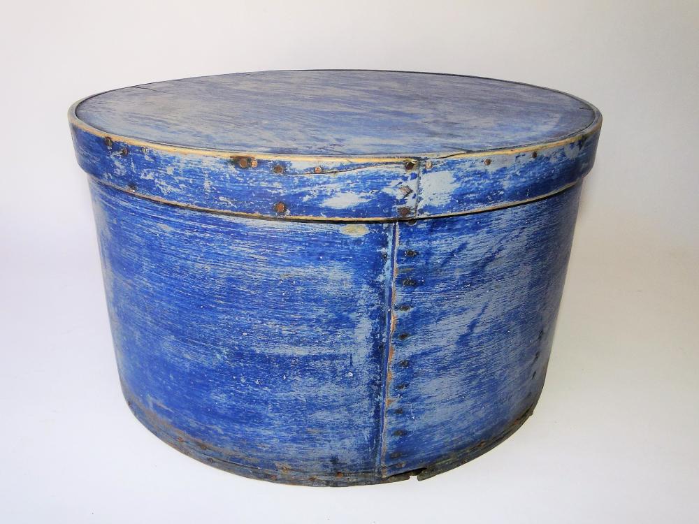 19TH C PAINTED CHEESE BOX: 19TH C PAINTED CHEESE BOX, THICK WALLED WITH COVER, ORIGINAL BLUE PAINT, 9 X 15