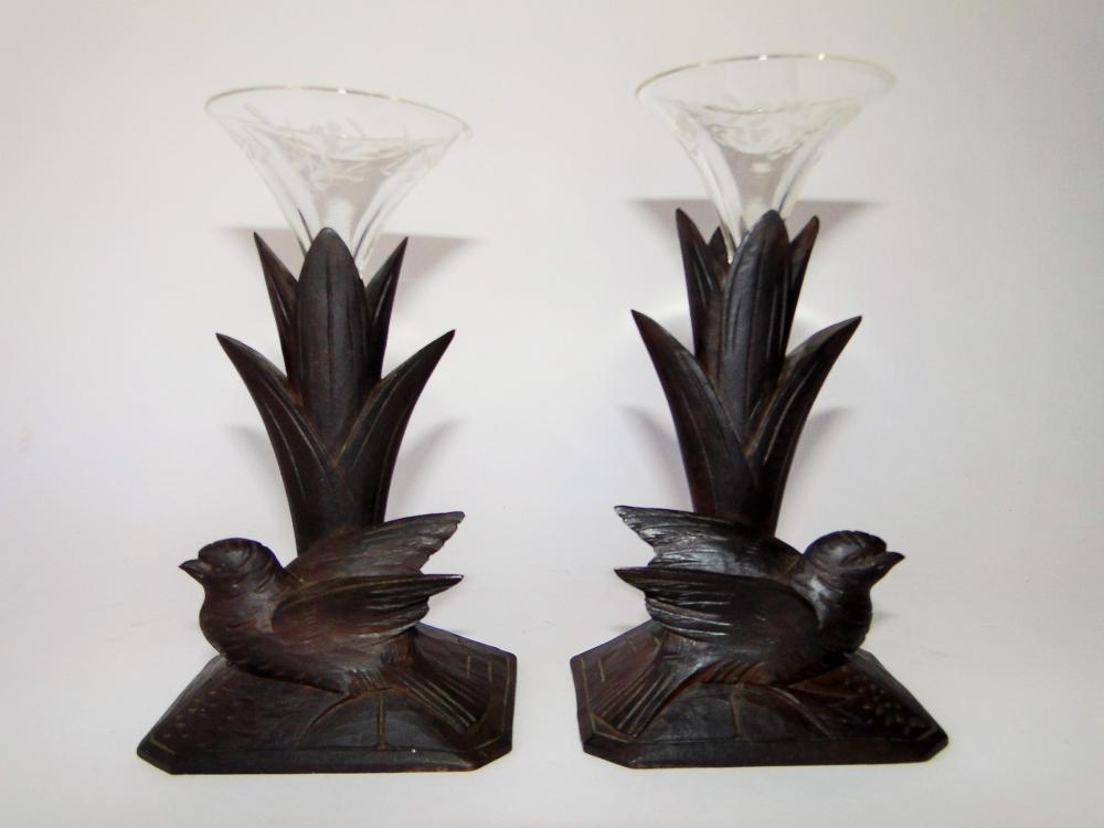 TWO GLASS EPERGNES BLACK FOREST BASE: TWO GLASS EPERGNES BLACK FOREST BASE, 6.5"