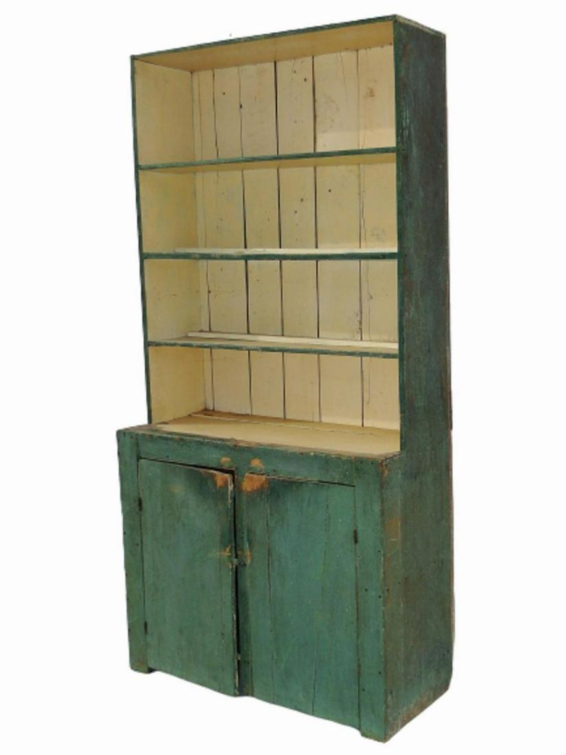 EARLY PAINTED 19TH C PAINTED STEPBACK CUPBOARD (1 of 3)