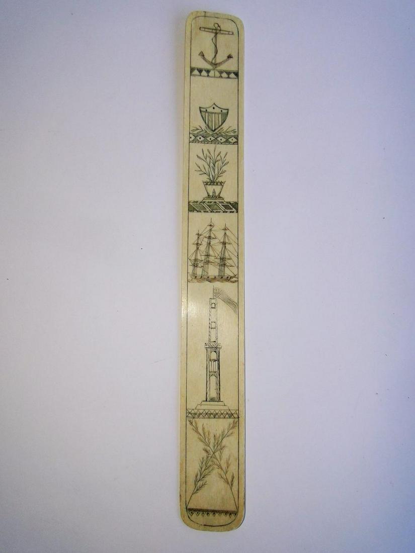 19TH C SCRIMSHAW WHALEBONE BUSK: 19TH C SCRIMSHAW WHALEBONE BUSK, MARINE THEMED ENGRAVING EXHIBITING BORDERED LIGHTHOUSE, SHIELD, TALL SHIP SCHOONER, SPRIGS, FLORALS, HEARTS. AND ANCHOR. VERY GOOD CONDITION, 12" Please be aware of cu