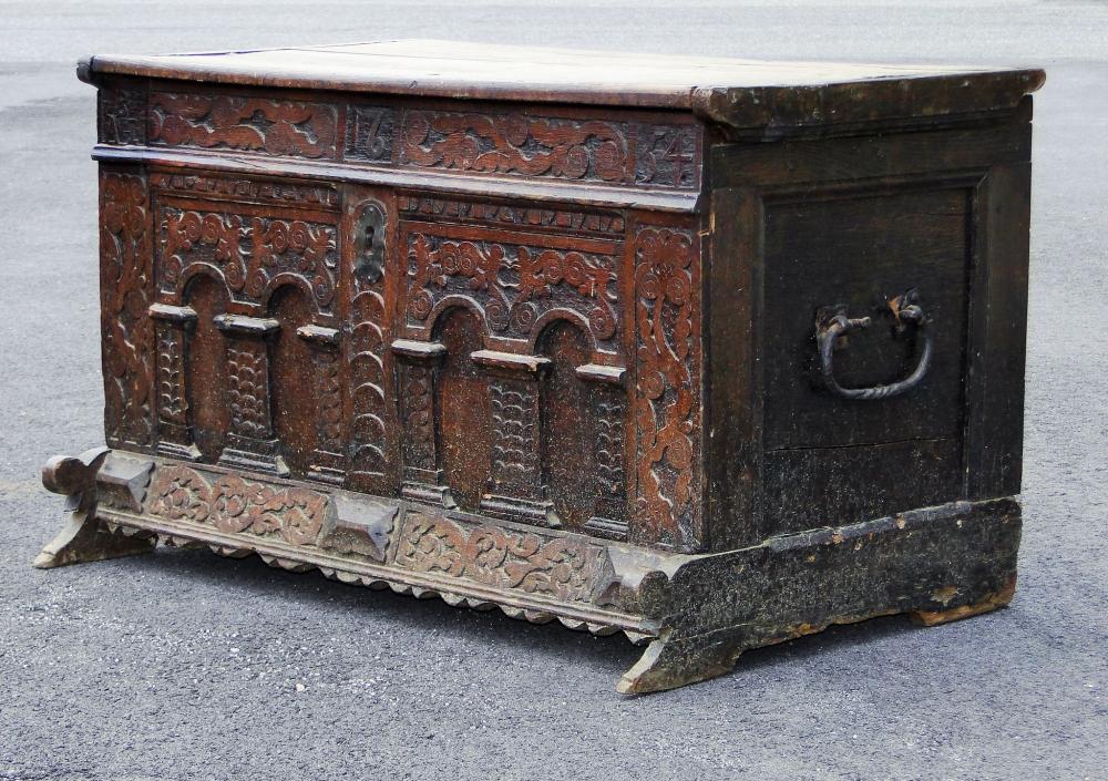 CARVED OAK CHEST DATED 1654 (1 of 2)
