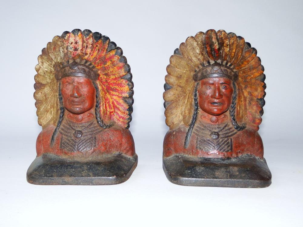 PAIR VINTAGE CAST IRON PAINTED INDIAN BOOKENDS (1 of 1)