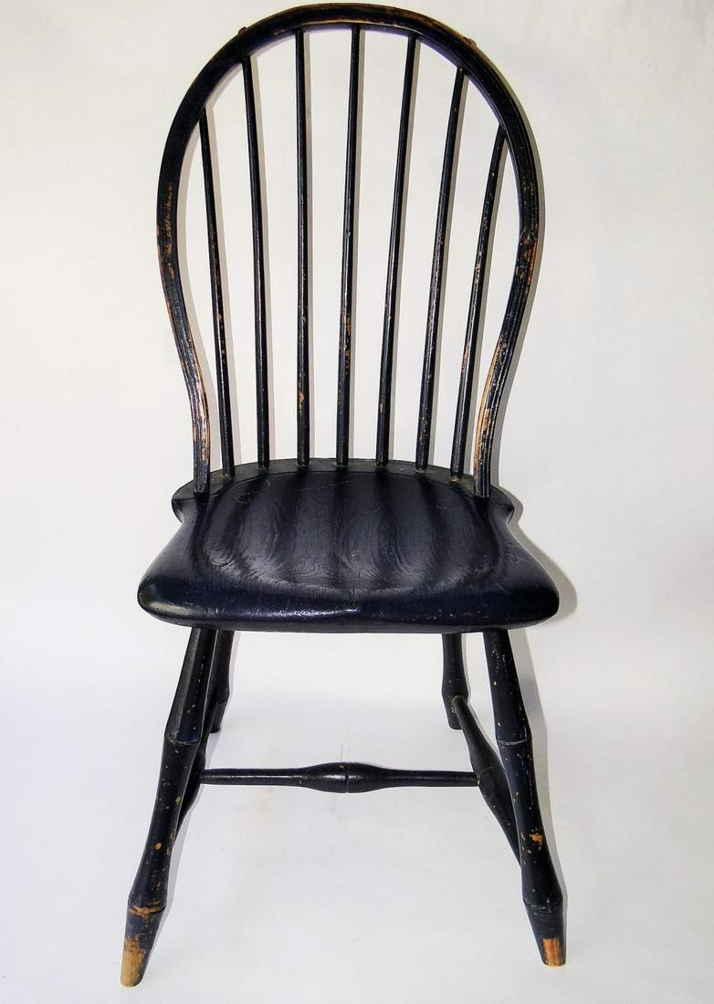 LATE 18TH C BOWBACK WINDSOR CHAIR: LATE 18TH C BOWBACK WINDSOR CHAIREARLY BLUE PAINTED SURFACES, REEDE BOW, BAMBOO TURNED LEGS, CARVED SADDLE SEAT, EXCELLENT CONDITION, 36 X 17 X 17