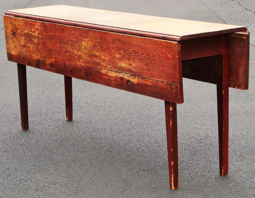 RED PAINTED HARVEST TABLE: RED PAINTED HARVEST TABLE, HEPPLEWHITE, PINE, OLD RED PAINT, SINGLE BOARD TOP, 19TH C., FINE CONDITION, 6.5' X 21 X 30