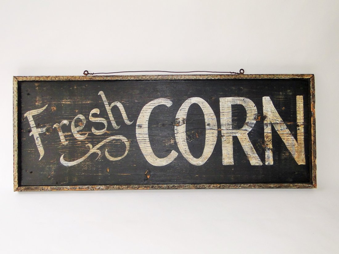 LATE 19TH C FRESH CORN TRADE SIGN: LATE 19TH C FRESH CORN TRADE SIGN, SINGLE PLANK CONSTRUCTION, ORIGINAL PAINT, APPLIED FRAME, EXCELLENT CONDITION. 33 X 12