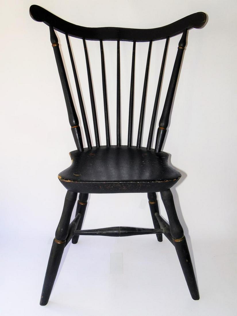 C 1780-1790 FANBACK WINDSOR CHAIR: C 1780-1790 FANBACK WINDSOR CHAIR, OLD BLACK PAINT, BOLD FORM, CONNECTICUT, FULL HEIGHT, 36 X 17.5 SEAT