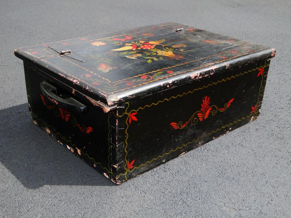 PA DECORATED BOX: PA DECORATED BOX, HANDLES, FOLK ART PAINTED, 26 X 20 X 9