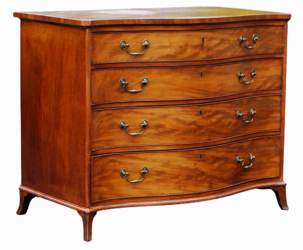 FEDERAL SERPENTINE DRESSING COMMODE / CHEST: Federal/George III. Serpentine Dressing Commode. Mahogany with mahogany secondary inside drawers. Brass pulls. 4 drawer chest. Top drawer with green leather & gold leaf top that pulls out to convert t