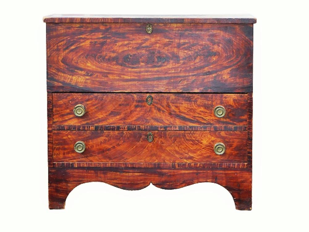 C. 1820 DECORATED BLANKET CHEST: C. 1820 DECORATED BLANKET CHEST, TWO DRAWER, PINE, VIBRANT ORIGINAL YELLOW AND OCHRE FAUX EXOTIC WOOD DECORATED. ORIGINAL BRASS PULLS, ESCUTCHEONS AND IRON HINGES, CUPIDS BOW BOOTJACK BASE, EXCELLENT 