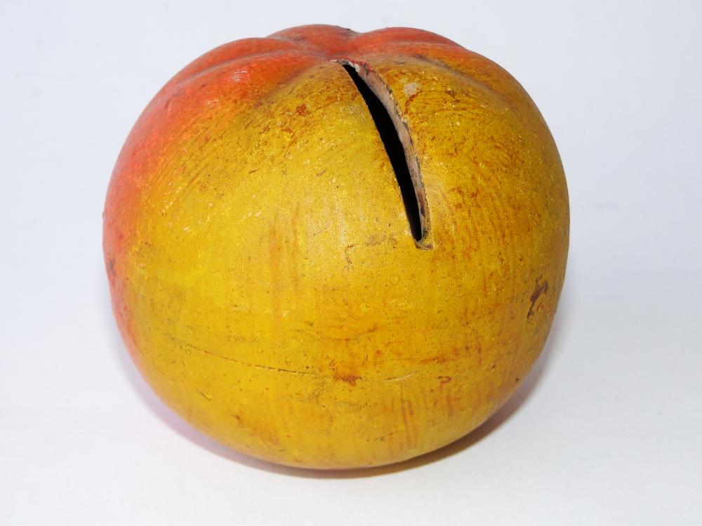 TWO 19TH C REDWARE FRUIT BANKS: TWO 19TH C REDWARE FRUIT BANKS, PA ORIGIN, DRY ORIGINAL PAINTED SURFACES, EXCELLENT CONDITION, 3", 4"