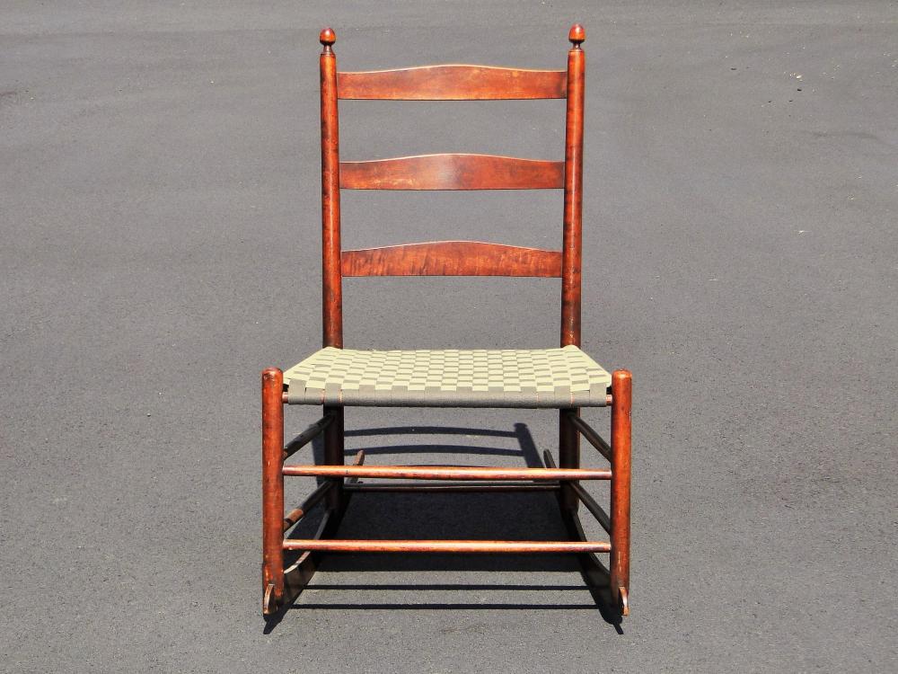 19TH C SHAKER ROCKER # 4: 18TH C SHAKER ROCKER # 4, SIGNED, ORIGINAL SURFACE, ORIGINAL WOVEN SEAT, CIRCA 1850, MT. LEBANON, NY 21 X 10.5