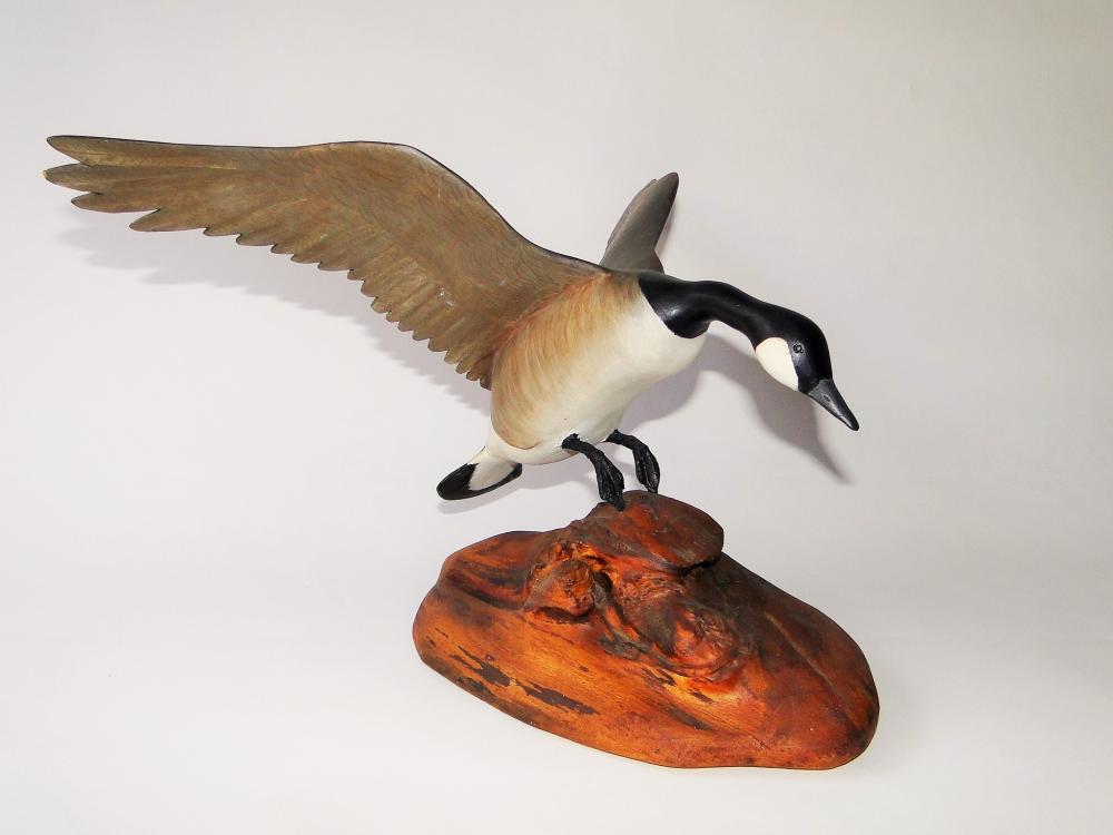C. 1967 CARVED CANADIAN GOOSE: C. 1967 CARVED CANADIAN GOOSE, CARVED HARDWOOD, VERY FINE DRY ORIGINAL PAINTED SURFACES, MOUNTED ON ORIGINAL DRIFTWOOD BASE, UNDERSIDE MARKED "1967 CANADA GOOSE BY RUBOLINOS / BROCKTON, MASS.", SUPERB