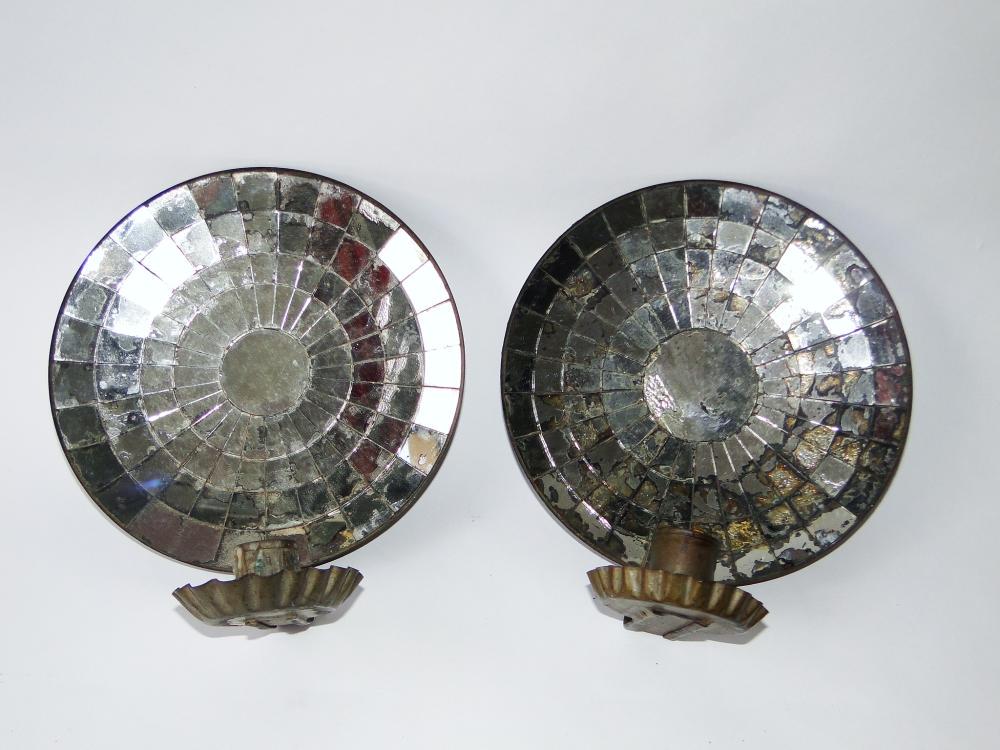 EARLY 19TH C ROUND MIRRORED CANDLE SCONCES: EARLY 19TH C ROUND MIRRORED CANDLE SCONCES, ROLLED SHEET IRON, SILVERED MIRRORED PLATS, ALL ORIGINAL, EXC. CONDITION, 8 X 9