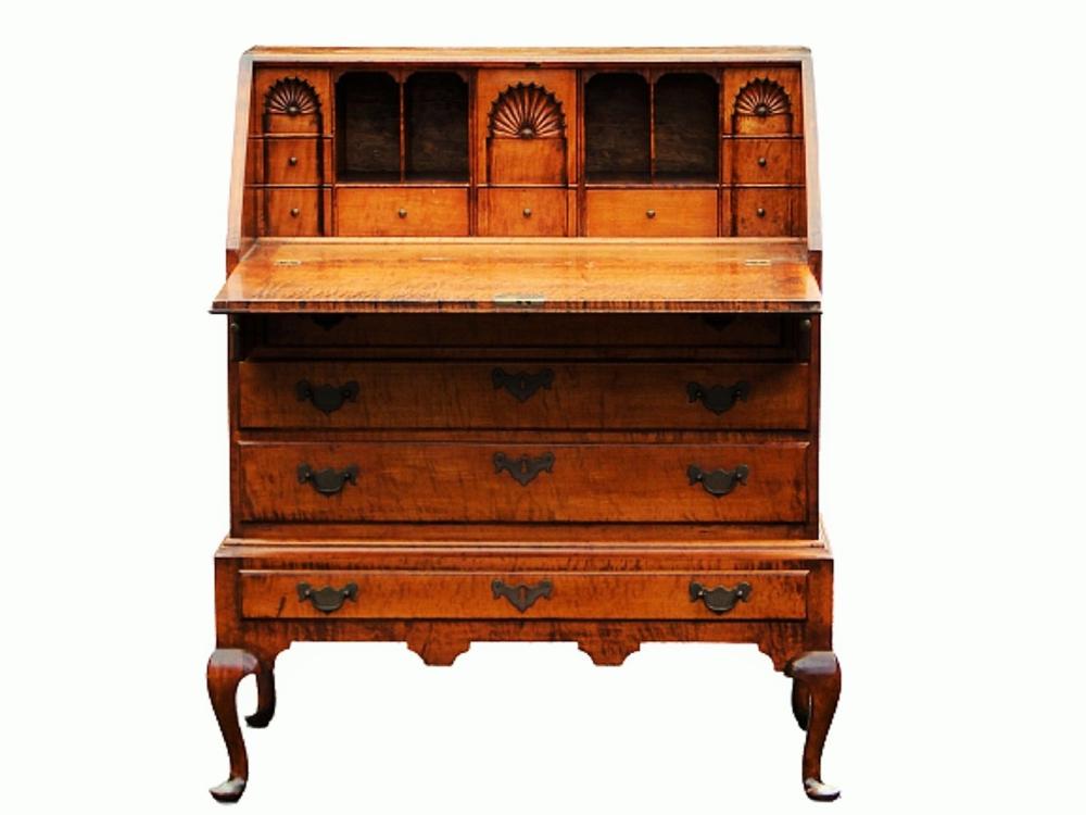 DIMINUTIVE TIGER MAPLE SLANT FRONT DESK ON FRAME: DIMINUTIVE TIGER MAPLE SLANT FRONT DESK ON FRAME, TWO PIECE, VERY STRONG FIGURAL MAPLE THROUGHOUT THE CASE AND GALLERY, NICE DARK WARM PATINA, DOVETAILED DRAWERS, CHAMFERED DRAWER BOTTOMS, ONE PIECE C