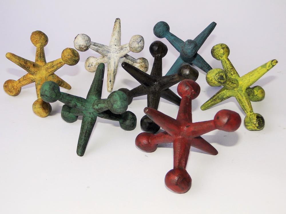 SET OF EIGHT OLD PAINTED TOY GAME JACKS: SET OF EIGHT OLD PAINTED TOY GAME JACKS, LARGE SIZE AT 3" EACH, GREAT FOLK ART PAINTED SURFACES.