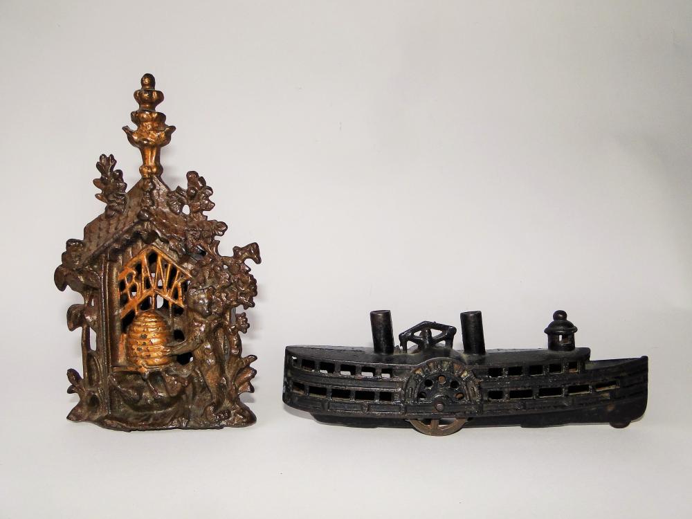 ANTIQUE CAST IRON HONEY BEAR BANK, CAST STEAMBOAT: ANTIQUE CAST IRON HONEY BEAR BANK 7" ORIGINAL PAINT, CAST STEAMBOAT 7.5" LONG