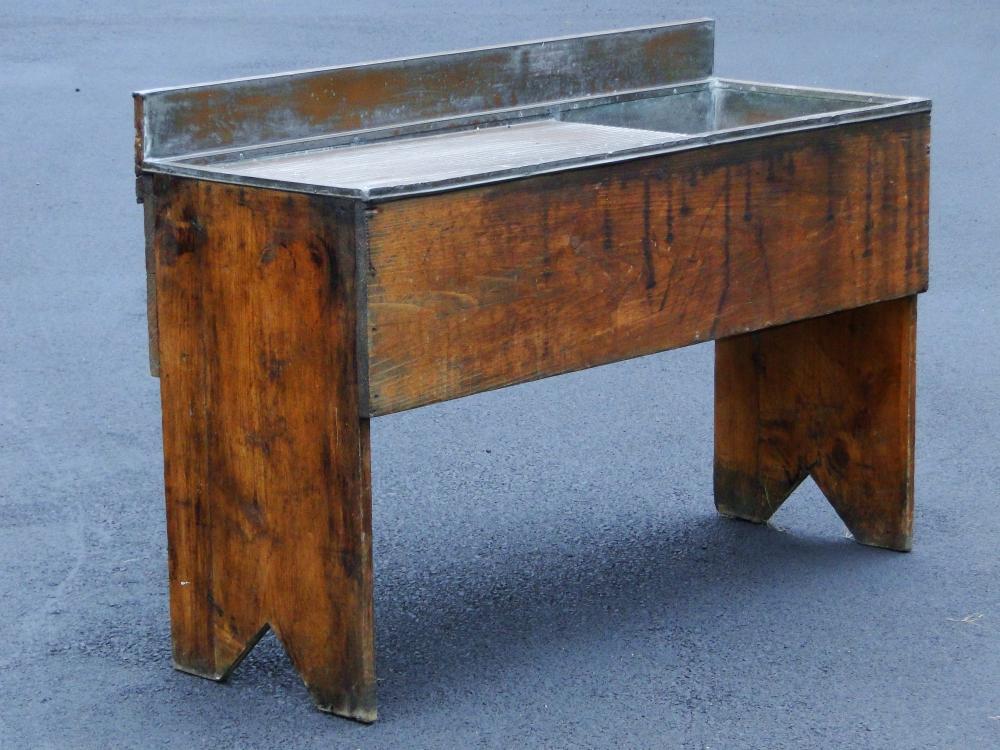 ANTIQUE DRY SINK BOOTJACK BASE: ANTIQUE DRY SINK BOOTJACK BASE, WOOD AND COPPER, SINK WITH COPPER LINER TOP, 30 X 48 X 19