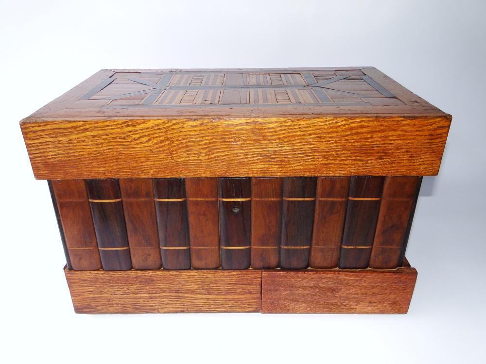 19TH C UNUSUAL PARQUETRY INLAID PUZZLE BOX: 19TH C UNUSUAL PARQUETRY INLAID PUZZLE BOX, 20 X 12 X 13
