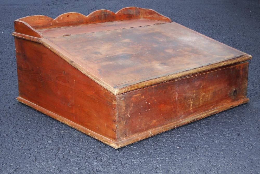 19TH C PAINTED SLANT TOP DESK: 19TH C PAINTED SLANT TOP DESK, SCHOOL OR PAYMASTERS DESK, LIFT TOP, ORIGINAL RED PAINT, 27 X 23 X 14