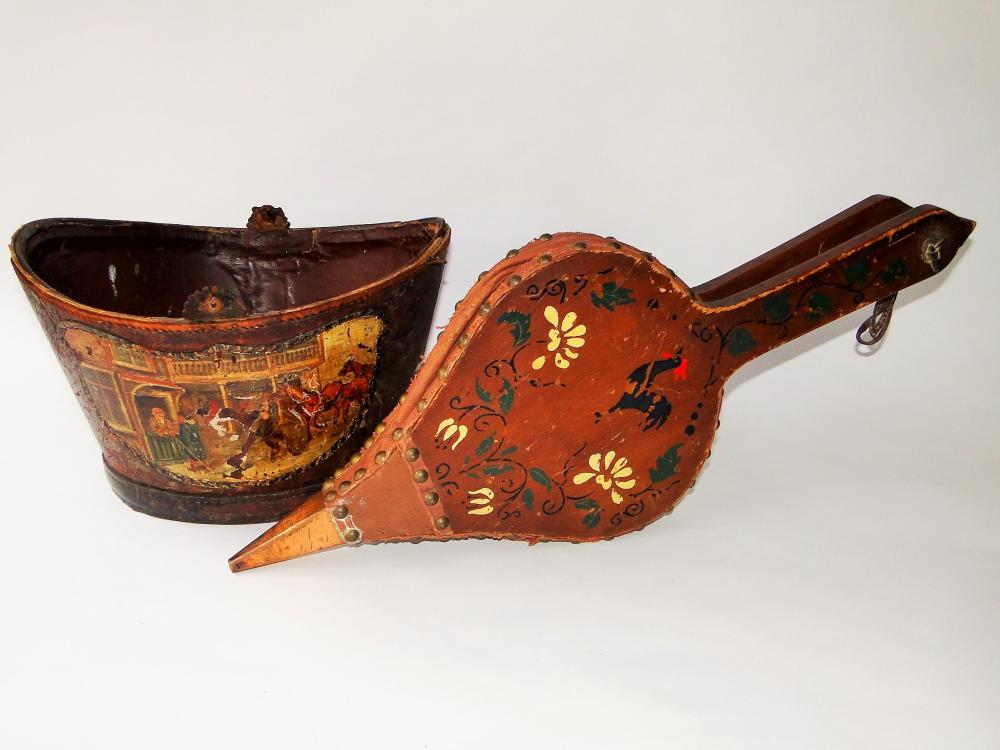 ANTIQUE LEATHER BUCKET WITH DEC. BELLOWS: ANTIQUE LEATHER BUCKET WITH DEC. BELLOWS
