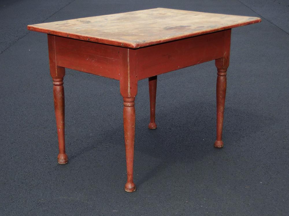 C. 1760 EARLY BUTTON FOOT TAP TABLE: EARLY BUTTON FOOT TAP TABLE, CONNECTICUT, RED PAINT, NICE SCRUBBED TOP, 24.5 X 33 X 24
